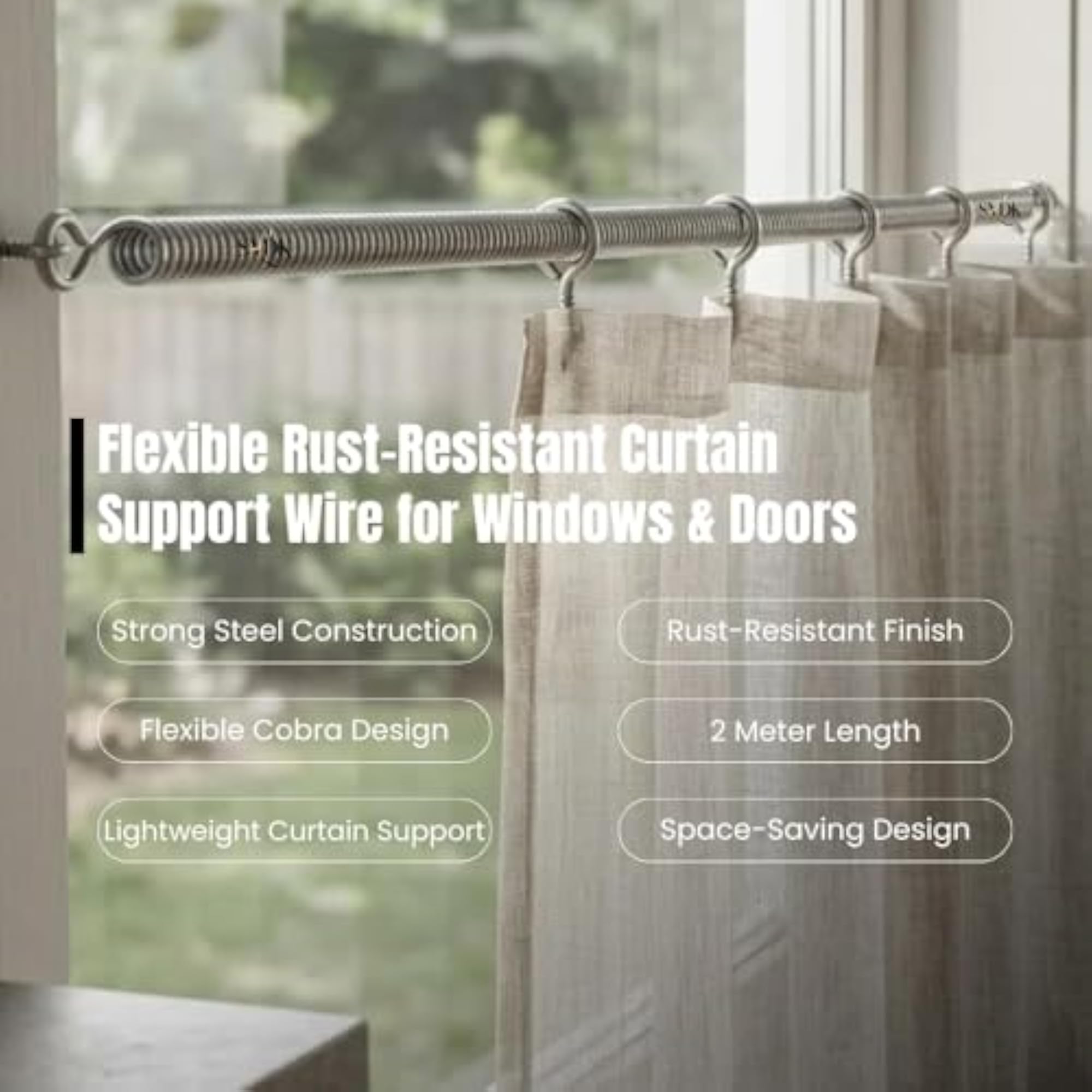 Stainless Steel Window Net Curtain Wire Spring with 12 Hooks